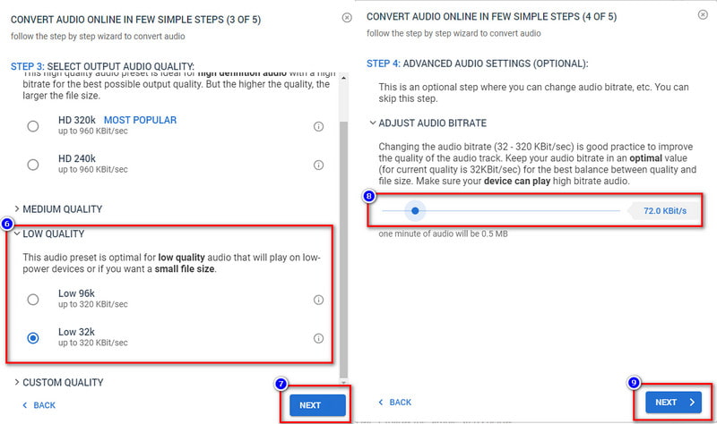 Выбор низкого качества в Aiseesoft Free Audio Converter Online
