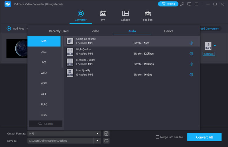 Выбор MP3 в Vidmore Video Converter