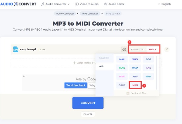 Audio Convert: выбор выходного формата MIDI