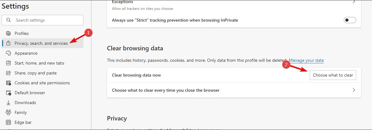 Выбор очищаемых данных Edge