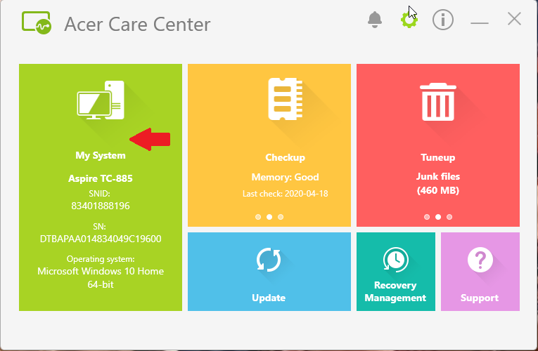 Главный экран Acer Care Center