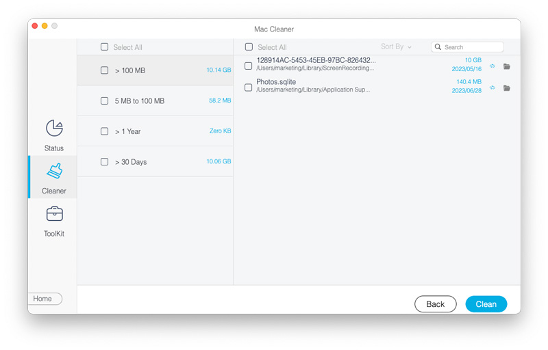 Результаты просмотра Large & Old Files