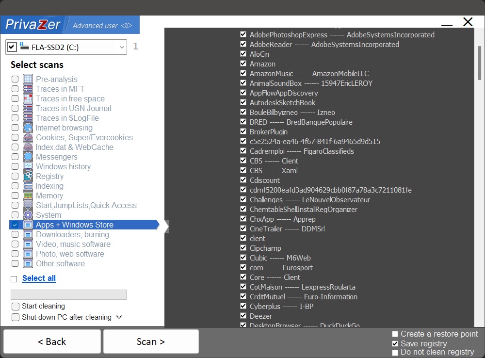Интерфейс PrivaZer с выбором категорий сканирования Windows Apps и системных следов