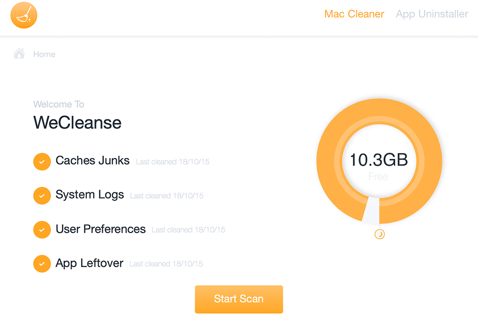 Главное окно WeCleanse с категориями Caches Junks, System Logs, User Preferences, App Leftover и кнопкой Start Scan