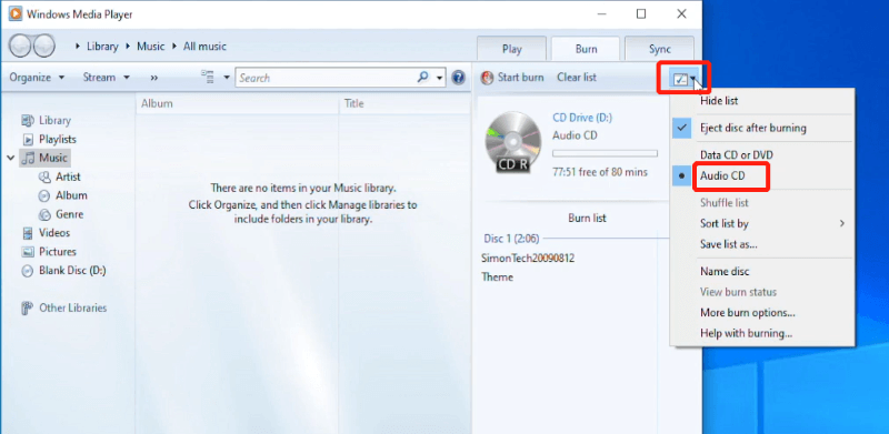 Выбор режима Audio CD в Windows Media Player