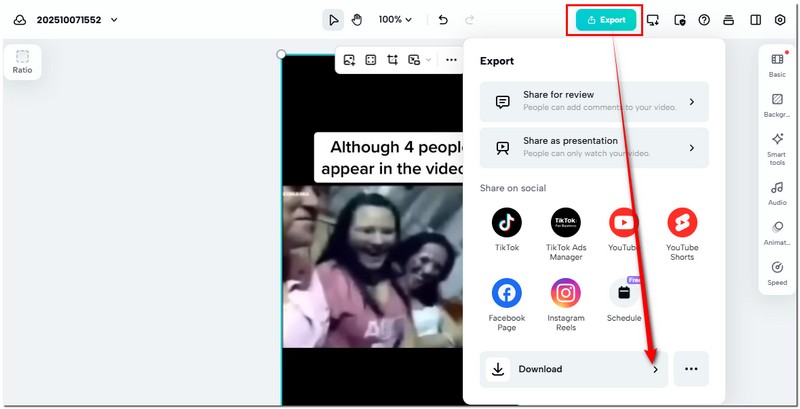 Окно экспорта CapCut