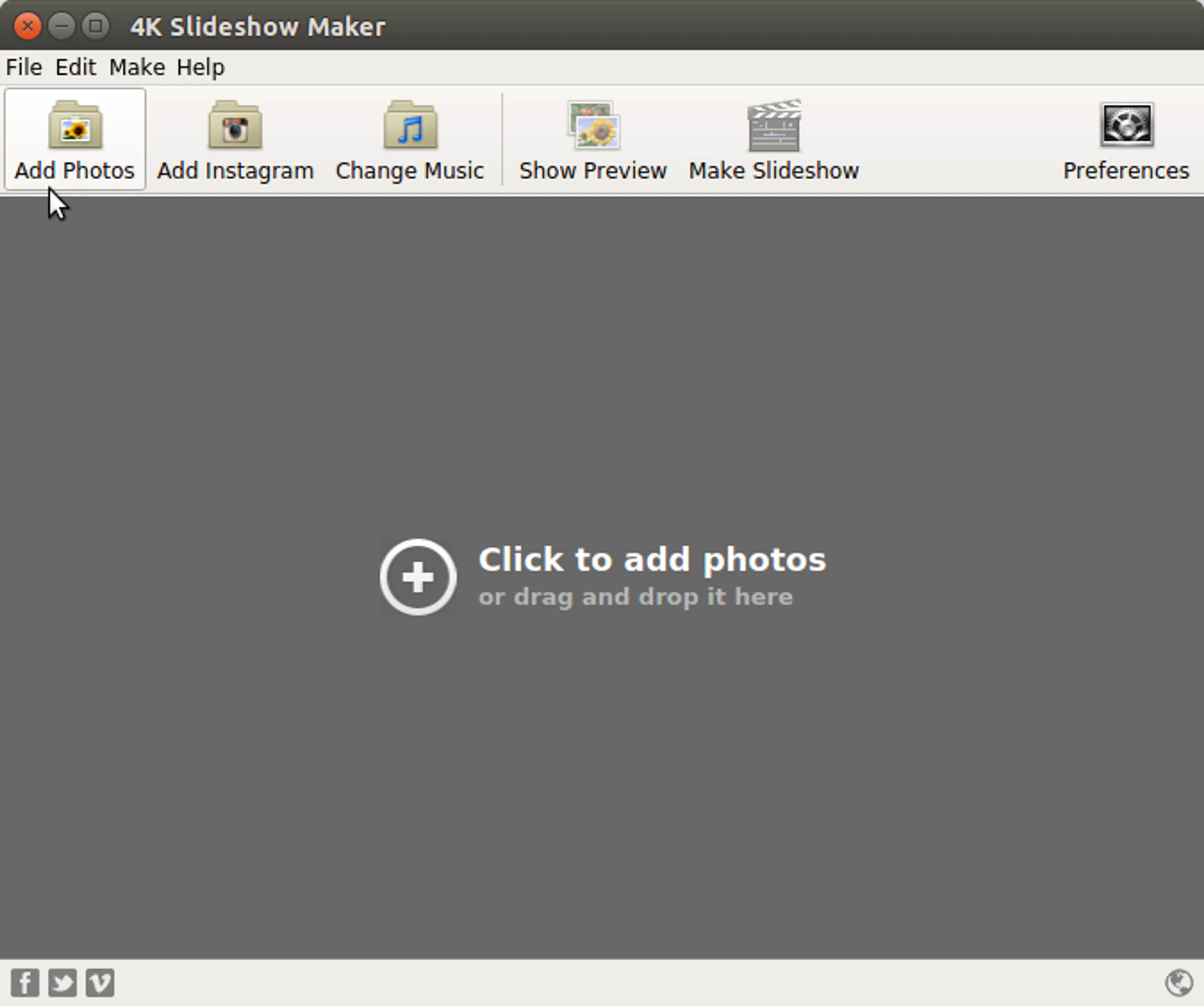 Главное окно 4K Slideshow Maker с кнопками Add Photos, Add Instagram, Change Music, Show Preview, Make Slideshow и Preferences