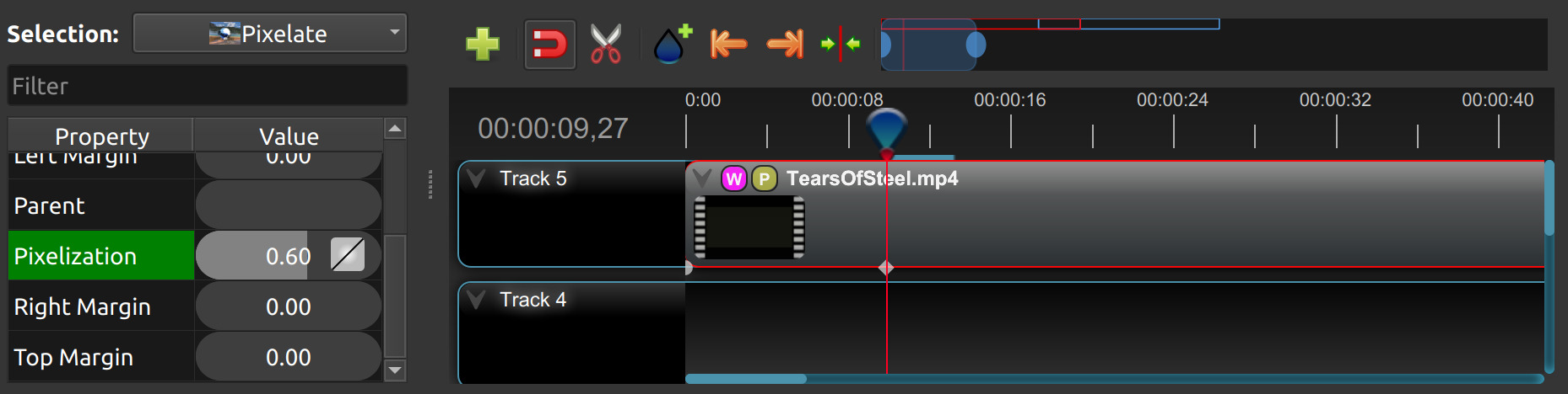 Эффекты на клипе: значки эффектов и окно Properties для настройки параметров
