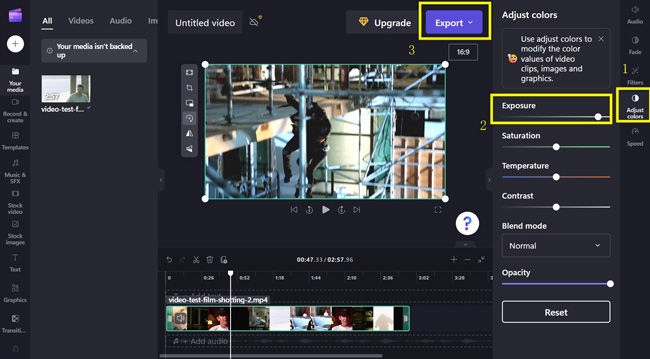 Настройка Exposure в Clipchamp