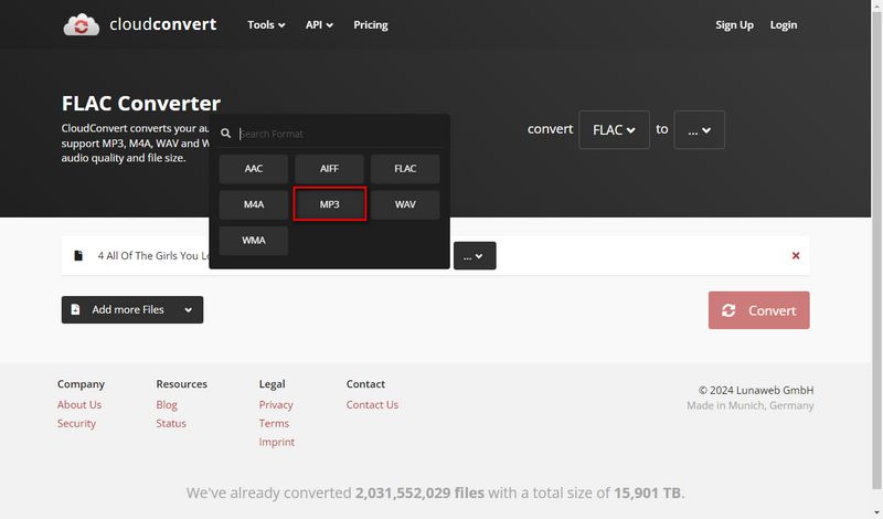 Скриншот CloudConvert с выбором MP3