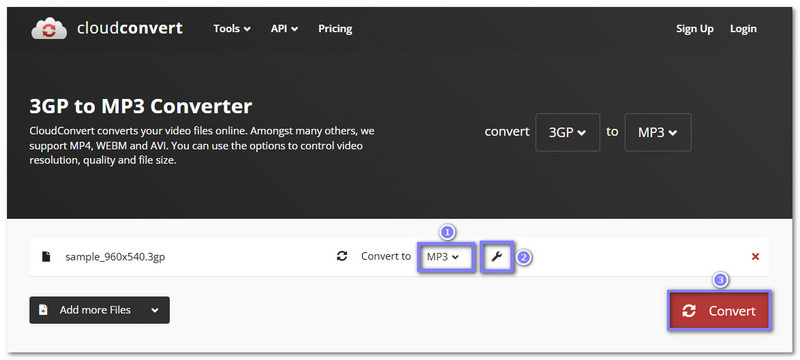Конвертация 3GP в MP3 в CloudConvert