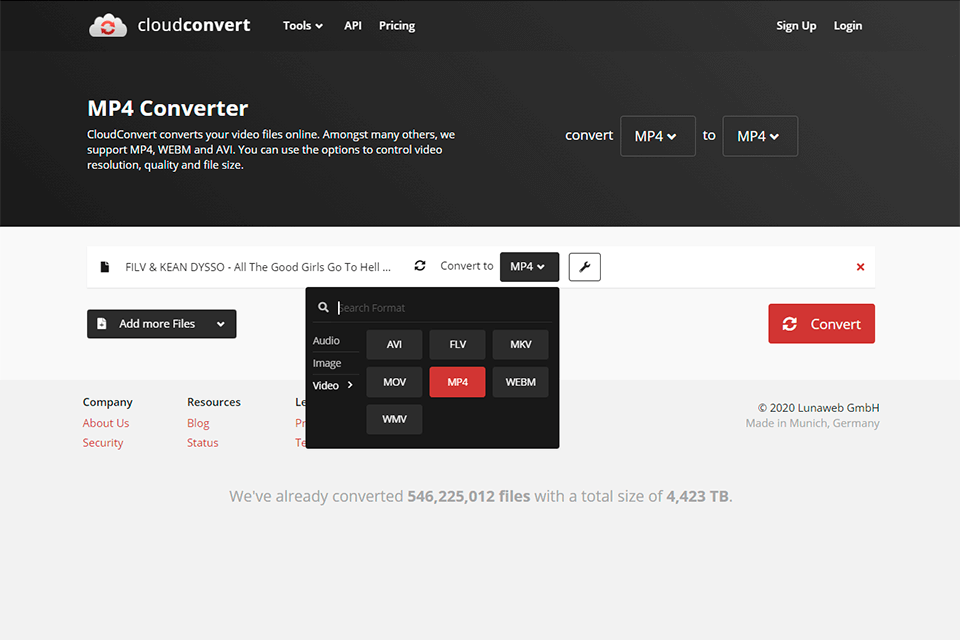 Интерфейс CloudConvert для DVD/VOB в MP4