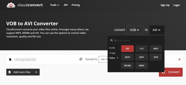 CloudConvert: выбор AVI