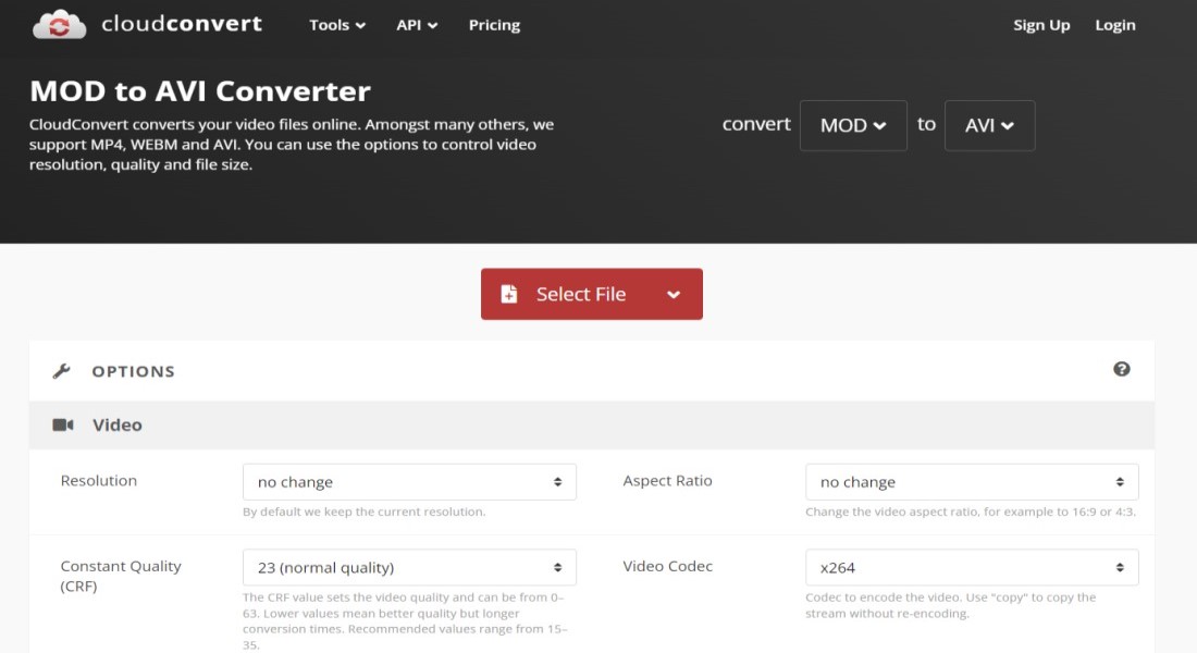 Конвертация MOD в AVI через CloudConvert