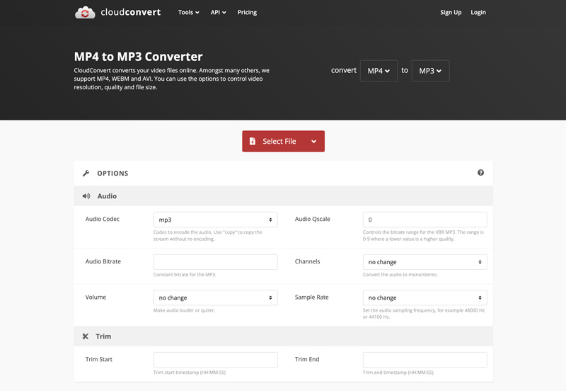 CloudConvert: выбор MP3 для MP4-файла