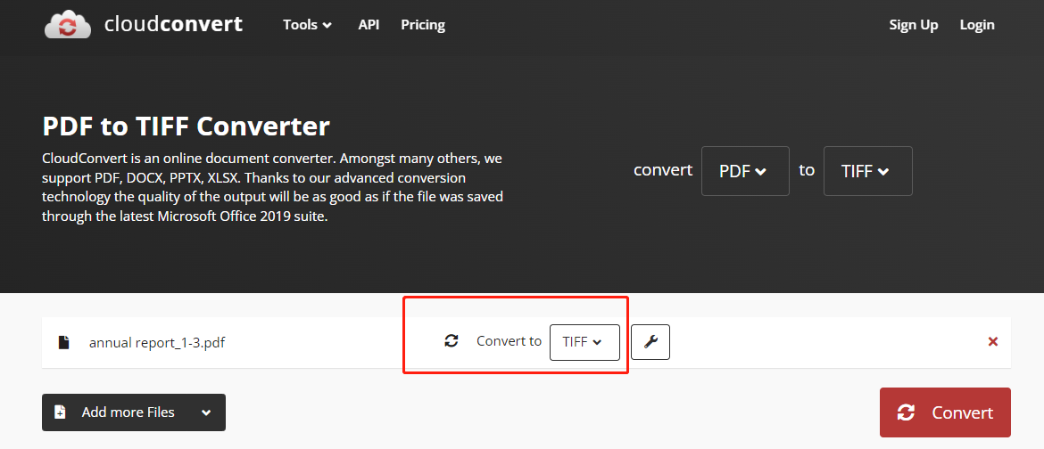 Скриншот CloudConvert PDF to TIFF