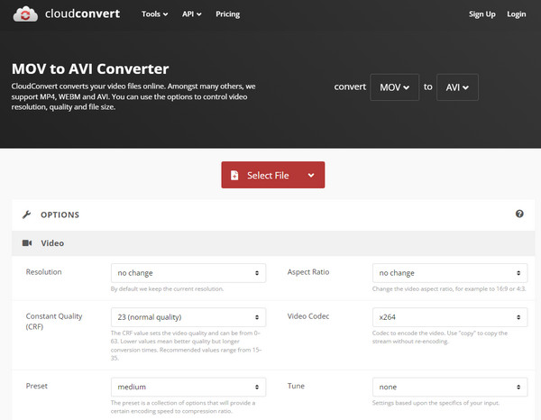 CloudConvert для конвертации MOV в AVI