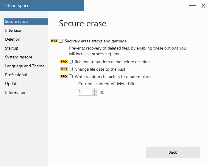 Настройки Secure erase в Clean Space