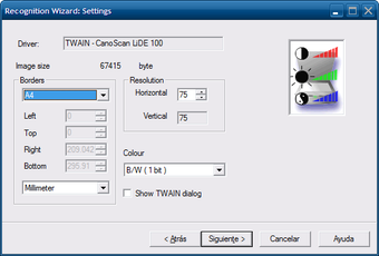 Окно Recognition Wizard: Settings с настройками сканирования и параметрами изображения