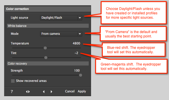 Панель Color Correction с Temperature, Tint и Color Recovery