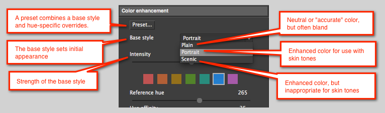 Color enhancement: Base style, Intensity и выбор цветовых диапазонов