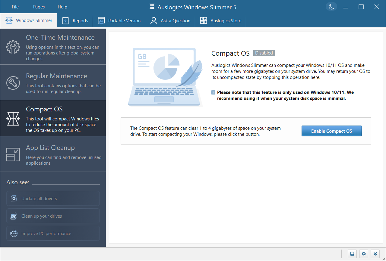 Раздел Compact OS в Auslogics Windows Slimmer