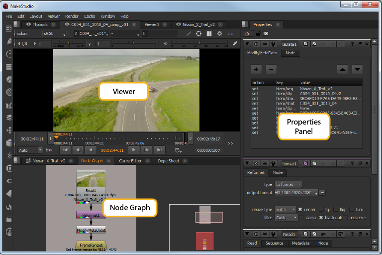 Nuke Studio: Viewer, Node Graph и Properties Panel в композитинг-среде