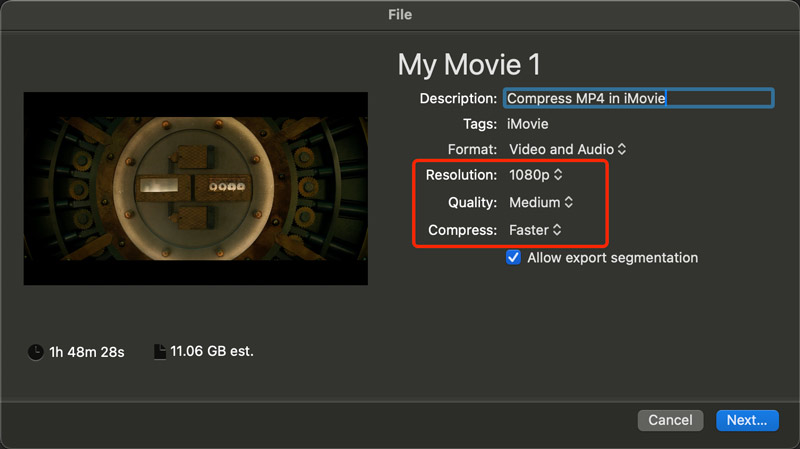 Экспорт и настройка размера MP4 в iMovie