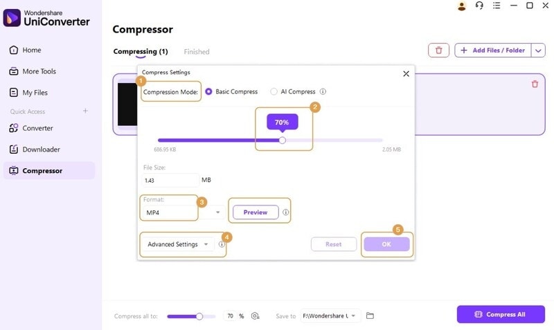 Настройки сжатия в Wondershare UniConverter