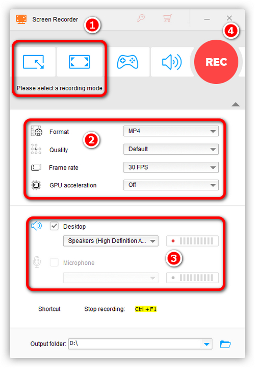Настройки Screen Recorder: режим записи, Format, Quality, Frame rate, GPU acceleration, Desktop, Microphone и REC