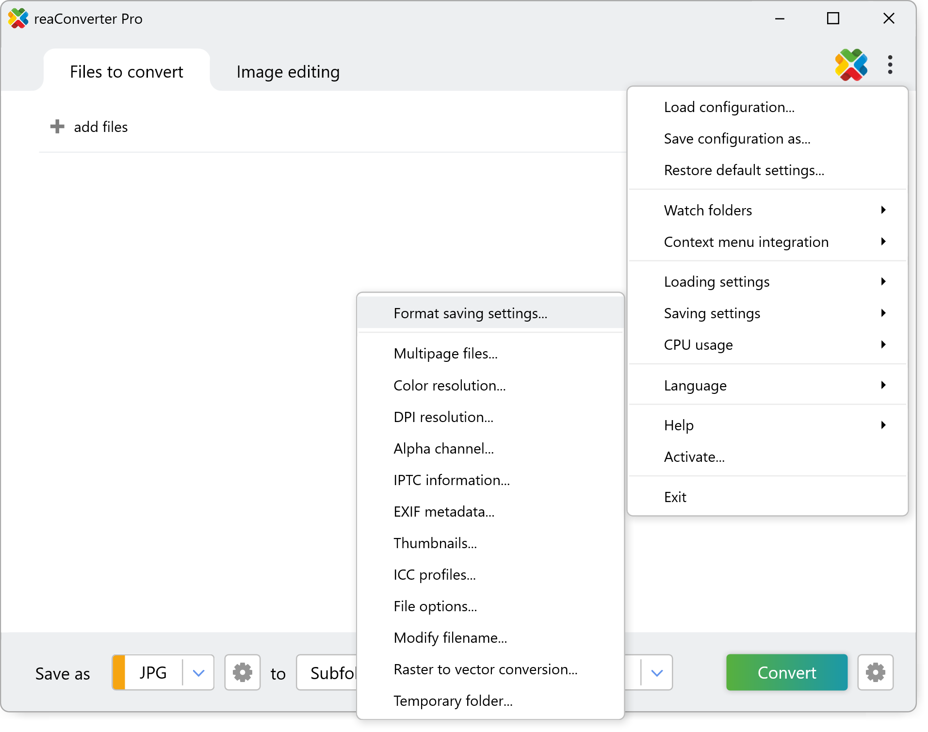 Меню Saving settings в reaConverter Pro