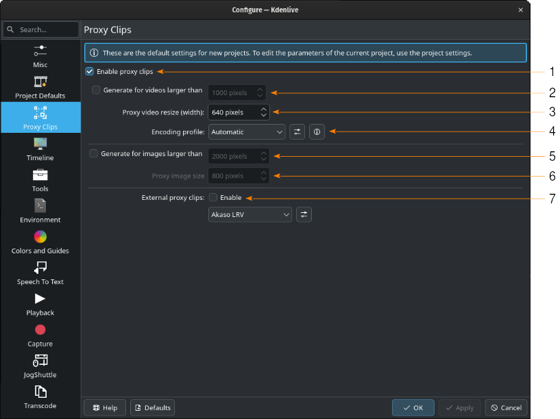 Окно Settings → Configure Kdenlive → Proxy Clips (Enable proxy clips и параметры прокси)