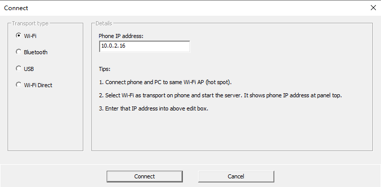 Подключение WO Mic Client к телефону через Wi-Fi
