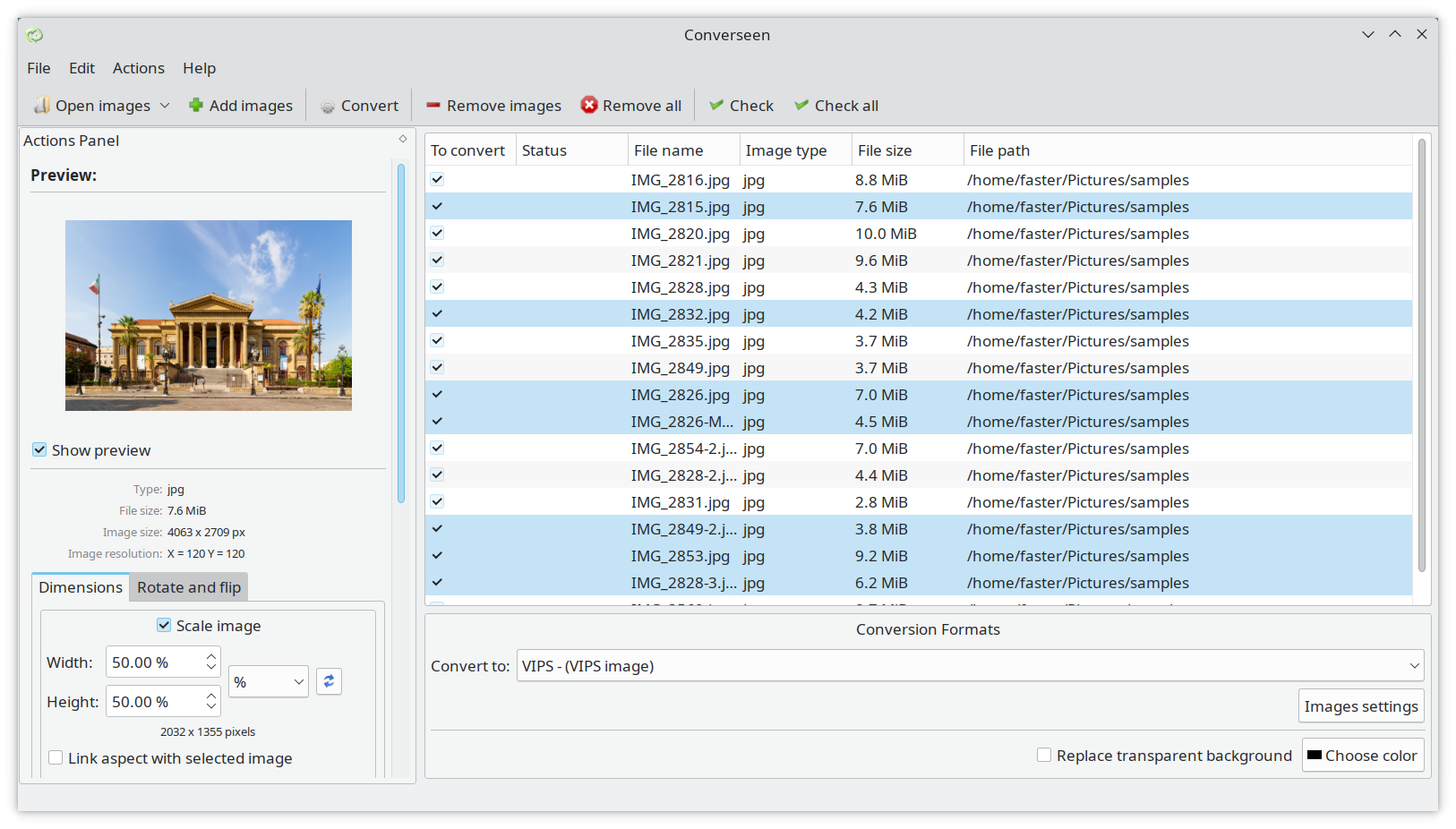 Converseen на Linux: вкладка Dimensions, список изображений и пакетное изменение размера