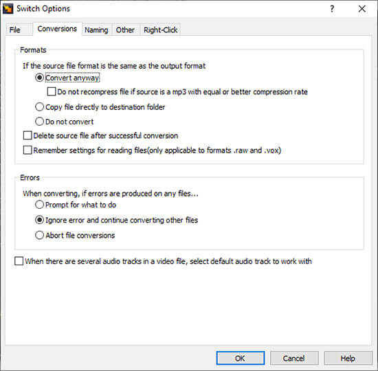 Окно Switch Options — параметры конвертации
