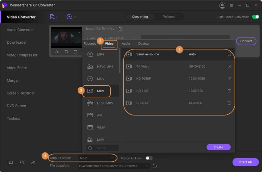 Wondershare UniConverter для выбора MKV