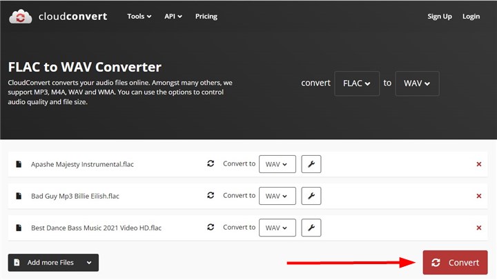 Онлайн-конвертация FLAC в WAV через CloudConvert