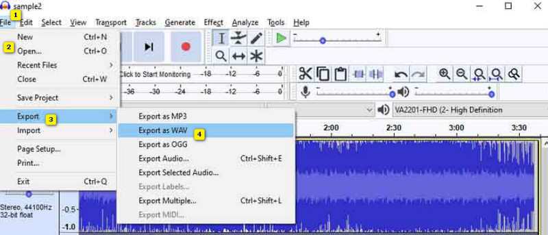 Экспорт WAV в Audacity