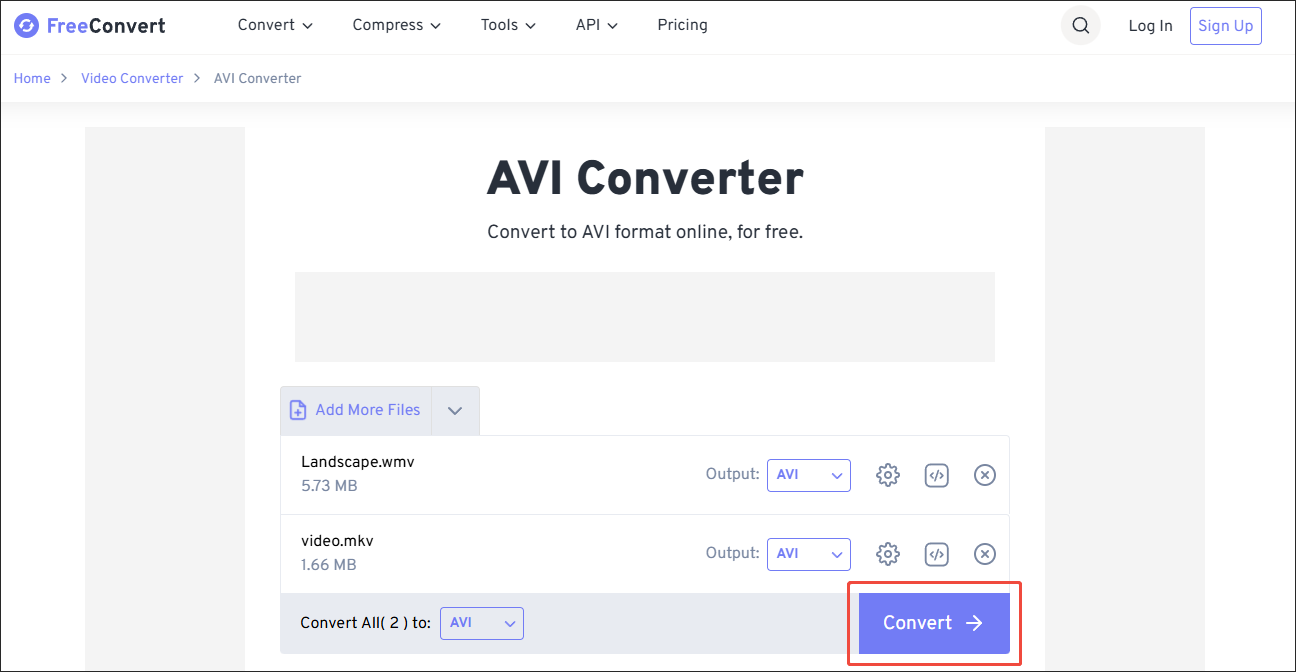 FreeConvert: запуск конвертации в AVI