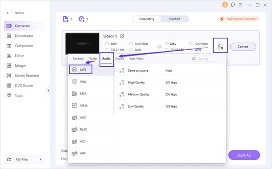 Wondershare UniConverter: выбор MP3