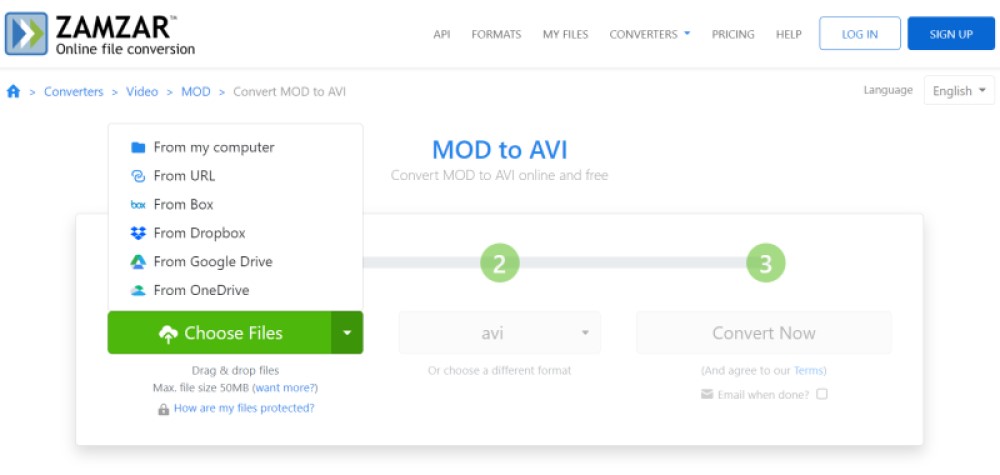 Конвертация MOD в AVI через Zamzar
