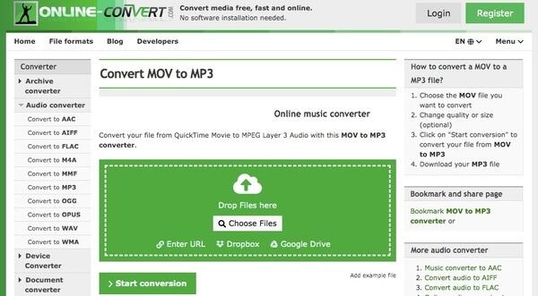 Online-Convert для MOV в MP3
