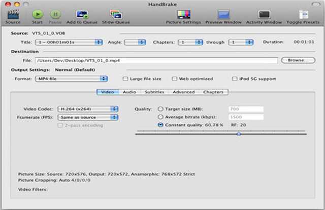 Интерфейс HandBrake при работе с видео