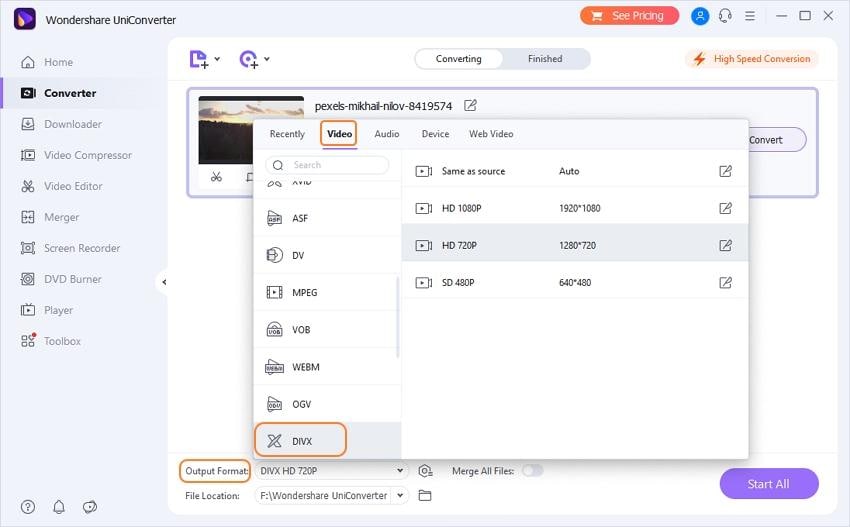 Wondershare UniConverter: выбор DivX как формата вывода