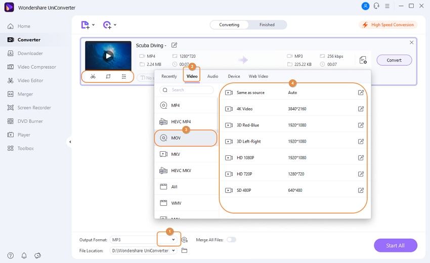 Выбор формата MOV в Wondershare UniConverter
