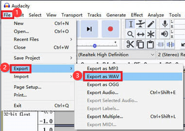 Импорт аудиодорожки в Audacity и экспорт в WAV