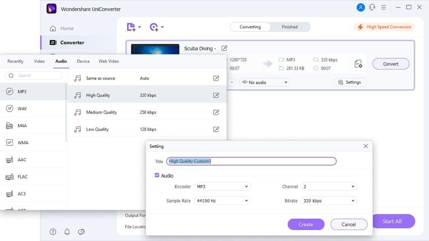 Выбор MP3 при конвертации в Wondershare UniConverter