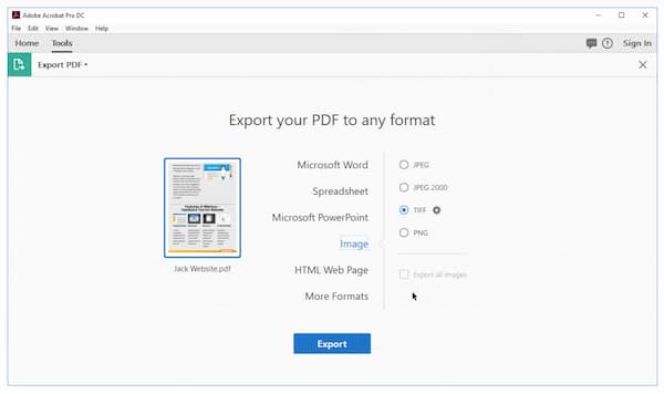 Скриншот экспорта PDF в TIFF в Adobe Acrobat