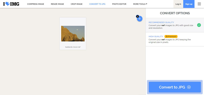 iLoveIMG — кнопка Convert to JPG и параметры качества