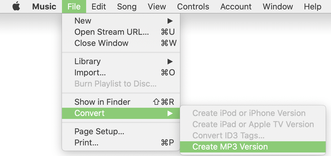Команда Create MP3 Version в Apple Music